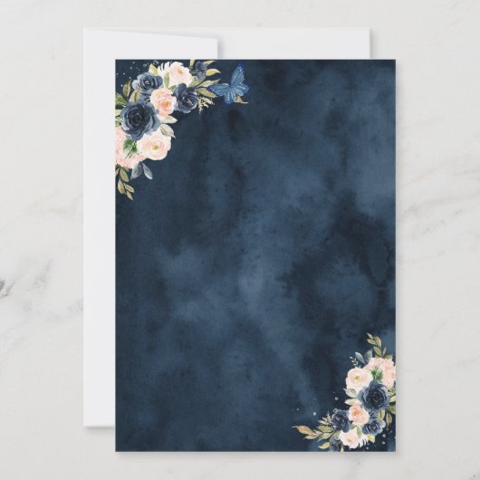 Navy Blue and Silver Rose Elegante Quinceanera Einladung (Rückseite)