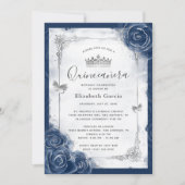 Navy Blue and Silver Rose Elegante Quinceanera Einladung (Vorderseite)