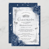 Navy Blue and Silver Rose Elegante Quinceanera Einladung (Vorne/Hinten)