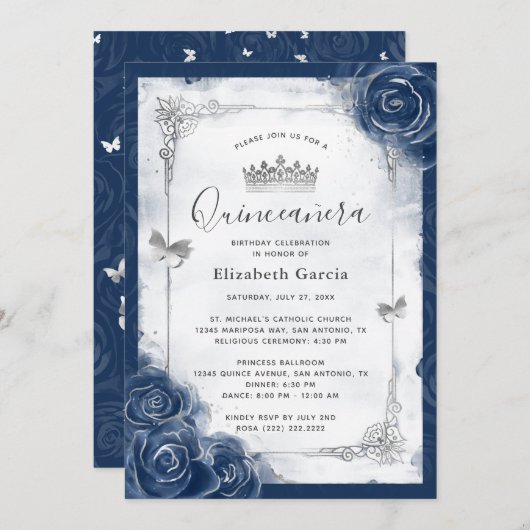 Navy Blue and Silver Rose Elegante Quinceanera Einladung (Vorne/Hinten)