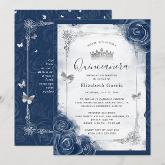 Navy Blue and Silver Rose Elegante Quinceanera Einladung