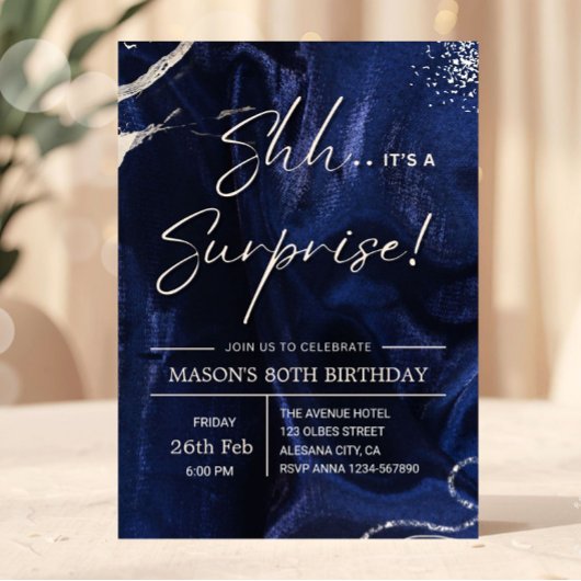 Navy Blue and Silver Surprise Party Einladung