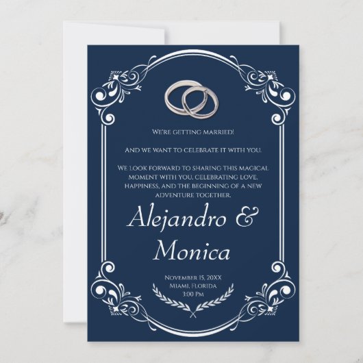 Navy Blue and Silver Wedding Ring Invitation Einladung (Vorderseite)
