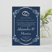 Navy Blue and Silver Wedding Ring Invitation Einladung (Stehend Vorderseite)