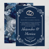 Navy Blue and Silver Wedding Ring Invitation Einladung (Vorne/Hinten)