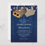 Navy Blue and Sunflower Floral Wedding Einladungen<br><div class="desc">Rustic Floral Wedding Einladung featuring two burlap hearts Wir haben Barn wood background adorned with sunflowers. Perfect card design for inviting your guests to your navy blue rustic wedding party.</div>