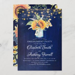 Navy Blue and Sunflowers Rustic Engagement Party Einladung