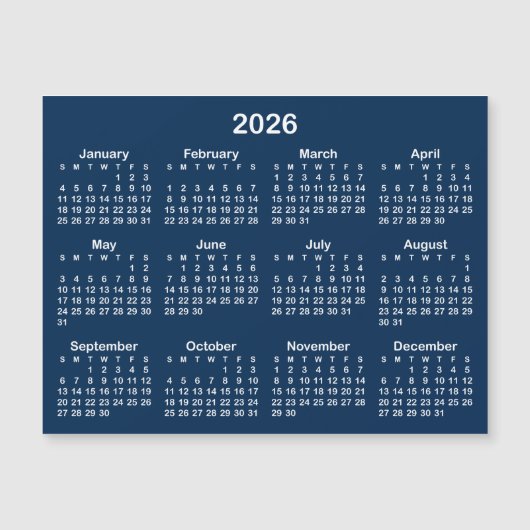 Navy Blue and White 2026 Magnetic Calendar Magnetkarte (Vorderseite)