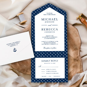 Navy Blue and White Anchors Nautical Wedding All In One Einladung