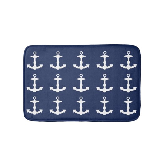 Navy Blue and White Anchtern Muster Badematte (Vorderseite)