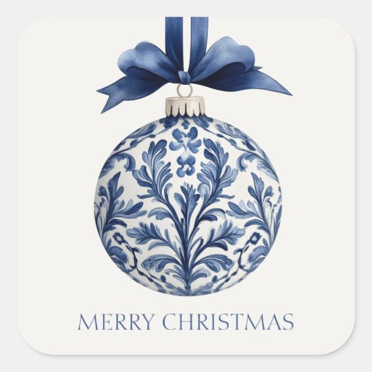 Navy Blue and White Chinoiserie Weihnachtsschmuck Quadratischer Aufkleber (Vorderseite)