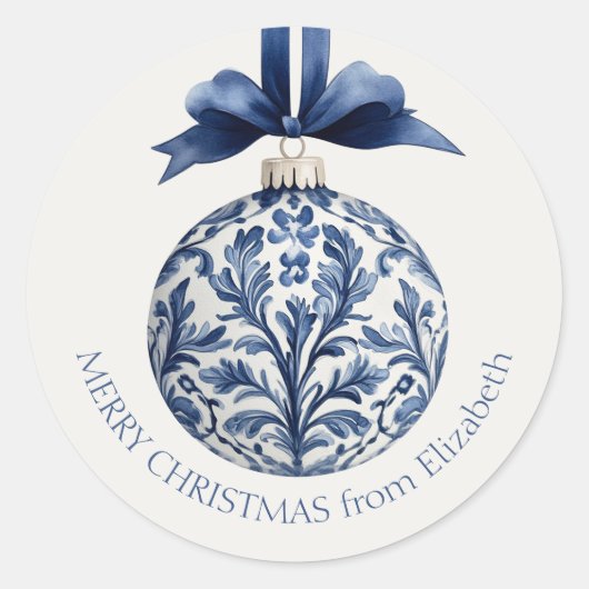 Navy Blue and White Chinoiserie Weihnachtsschmuck Runder Aufkleber (Vorderseite)