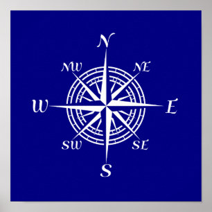 Navy Blue And White Coastal Decor Compass Rose Poster