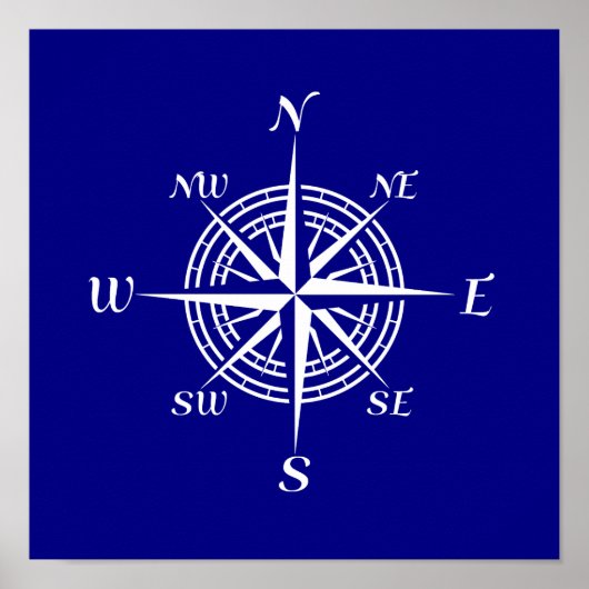 Navy Blue And White Coastal Decor Compass Rose Poster (Vorne)
