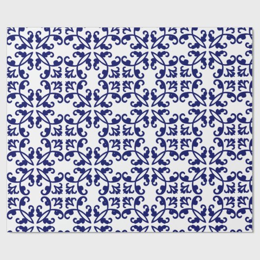 Navy Blue and White Damask Muster Geschenkpapier (Flach)