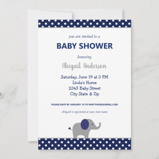 Navy Blue and White Elephant Polka Dot Baby Dusche Einladung (Vorderseite)