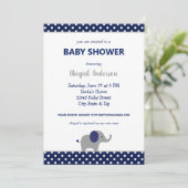 Navy Blue and White Elephant Polka Dot Baby Dusche Einladung (Stehend Vorderseite)