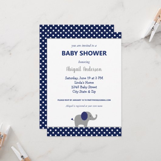 Navy Blue and White Elephant Polka Dot Baby Dusche Einladung (Vorderseite/Rückseite Beispiel)