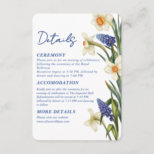 Navy blue and white floral Wedding details Begleitkarte (Vorderseite)