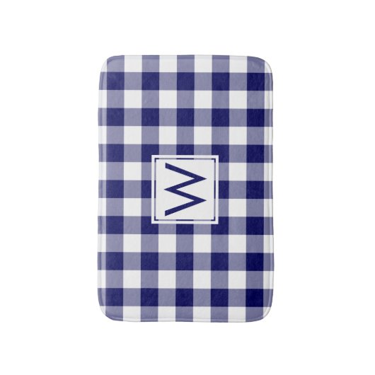 Navy Blue and White Gingham Pattern mit Monogram Badematte (Vorderseite Vertikal)