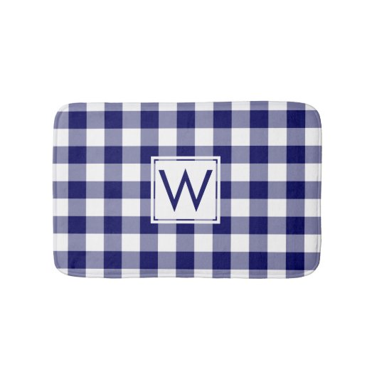 Navy Blue and White Gingham Pattern mit Monogram Badematte (Vorderseite)