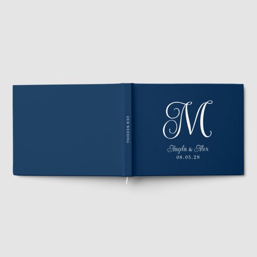 Navy Blue and White Hübsch Curly Wedly Monogram Gästebuch (Voll)