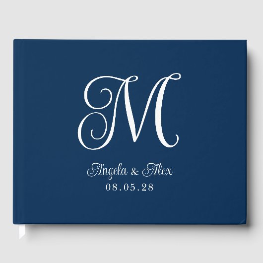 Navy Blue and White Hübsch Curly Wedly Monogram Gästebuch (Vorderseite)