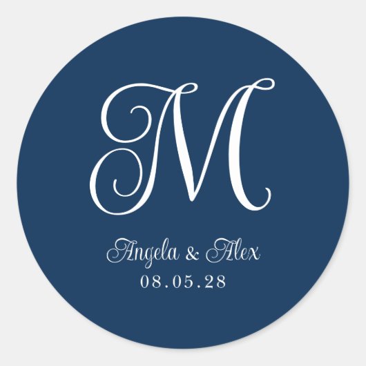 Navy Blue and White Hübsch Curly Wedly Monogram Runder Aufkleber (Vorderseite)
