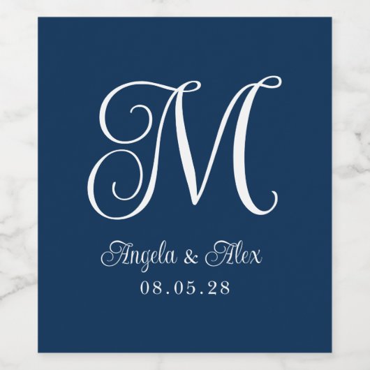 Navy Blue and White Hübsch Curly Wedly Monogram Weinetikett (Einzelnes Label)