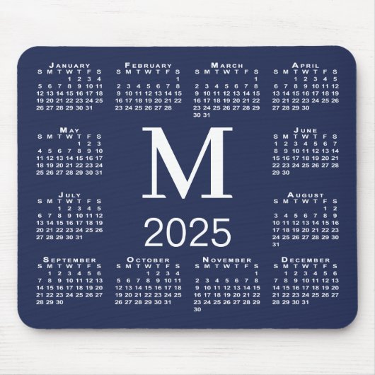 Navy Blue and White Monogram 2025 Calendar Mousepad (Vorne)