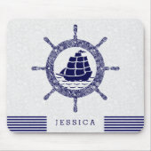 Navy Blue and White Nautical Boat Wheel Mousepad (Vorne)