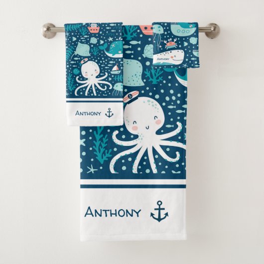 Navy Blue and White Nautical Muster Boy Bad Badhandtuch Set (Insitu)