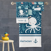 Navy Blue and White Nautical Muster Boy Bad Badhandtuch Set