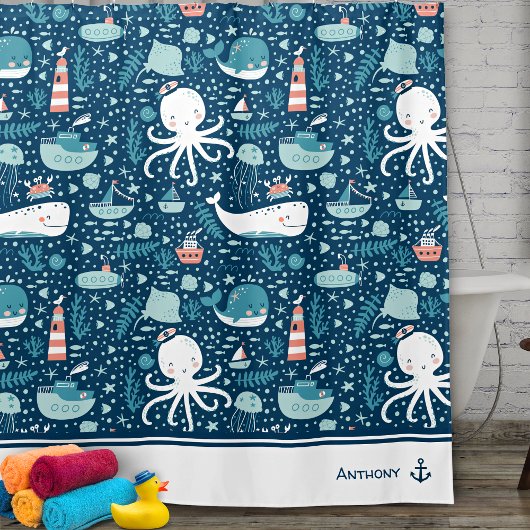 Navy Blue and White Nautical Muster Boy Bad Duschvorhang