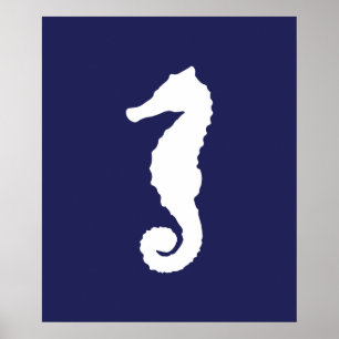 Navy Blue and White Nautical Seahorsee Poster