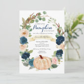 Navy Blue and White Pumpkin Baby Shower Einladung (Stehend Vorderseite)