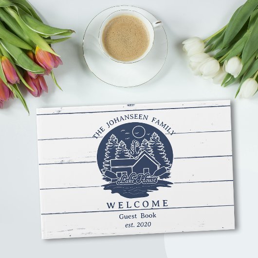 Navy Blue and White Rustic Wood Lake House Family Gästebuch