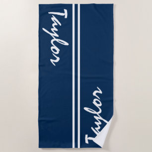 Navy Blue and White Strip Individuelle Name Strandtuch