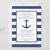 Navy Blue and White Stripes and Anchor Nautical Einladung (Vorderseite)