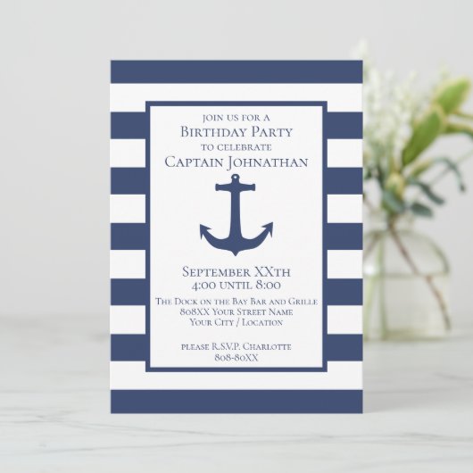 Navy Blue and White Stripes and Anchor Nautical Einladung (Stehend Vorderseite)