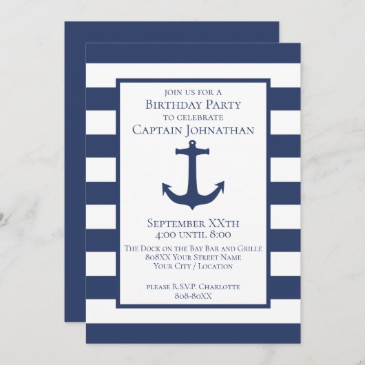 Navy Blue and White Stripes and Anchor Nautical Einladung (Vorne/Hinten)