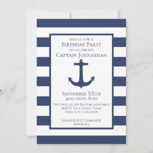 Navy Blue and White Stripes and Anchor Nautical Einladung