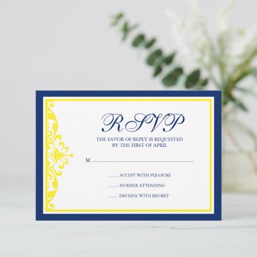 Navy Blue and Yellow Blüh RSVP Karte (Stehend Vorderseite)