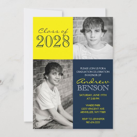 Navy Blue and Yellow Classic 2 Foto Abschluss Einladung (Vorderseite)