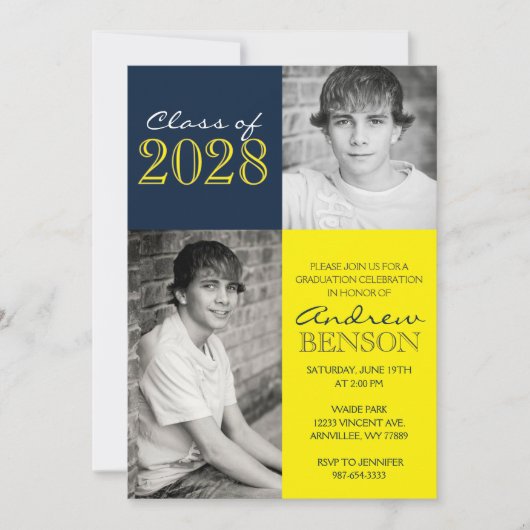 Navy Blue and Yellow Classic 2 Foto Abschluss Einladung (Vorderseite)