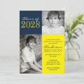 Navy Blue and Yellow Classic 2 Foto Abschluss Einladung (Stehend Vorderseite)