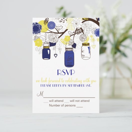 Navy Blue and Yellow Mason Jars UAWG Einladung (Stehend Vorderseite)