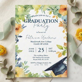 Navy Blue And Yellow Watercolor Floral Graduation Einladung