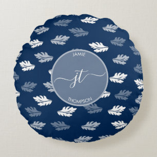 Navy Blue Antique Blätter Muster Monogram Rundes Kissen