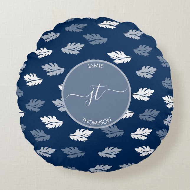 Navy Blue Antique Blätter Muster Monogram Rundes Kissen (Vorderseite)